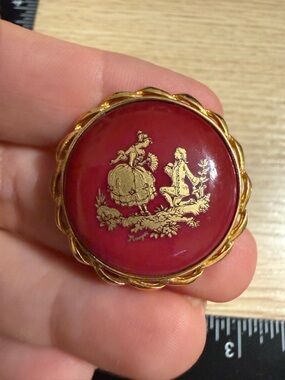 Limoges Castel France Brooch Burgundy Gold Fragonard Courting Couple Porcelain